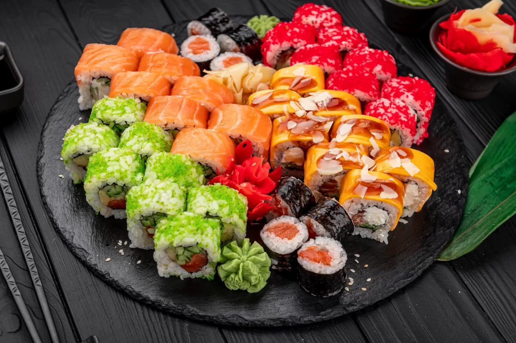 Assorted Japanese sushi roll set on white background. Sushi menu